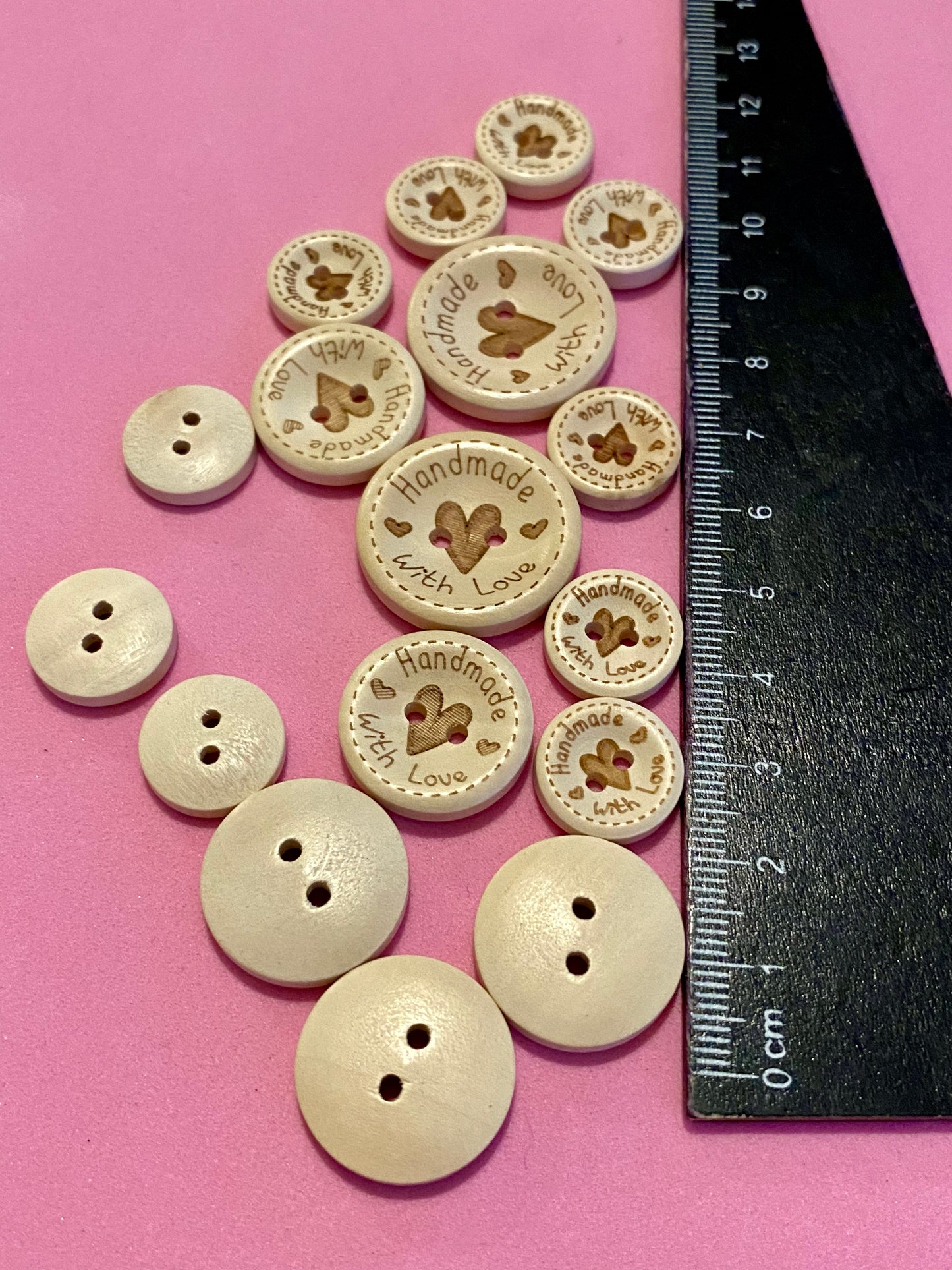 16 x Assorted Sized Wooden Buttons Handmade With Love for Crafters