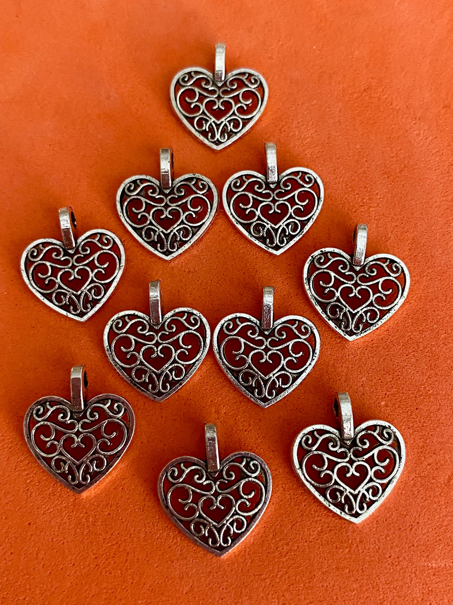 10 Silver Coloured Filigree Heart Pendants/Charms 15mm