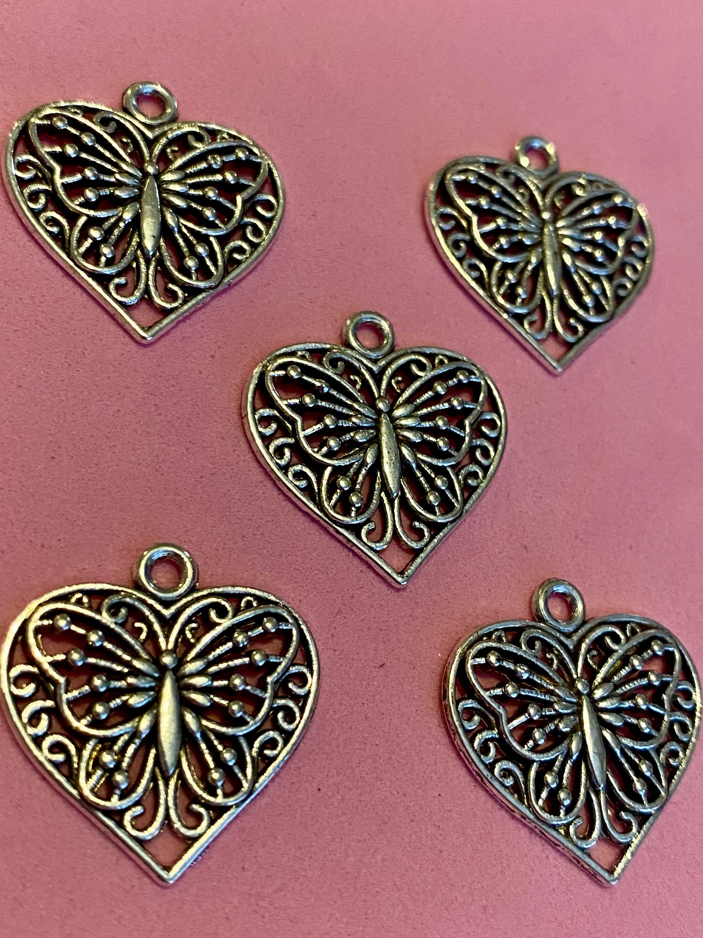 5 x Heart and Butterfly Antique Silver Coloured Charms/Pendants 20mm