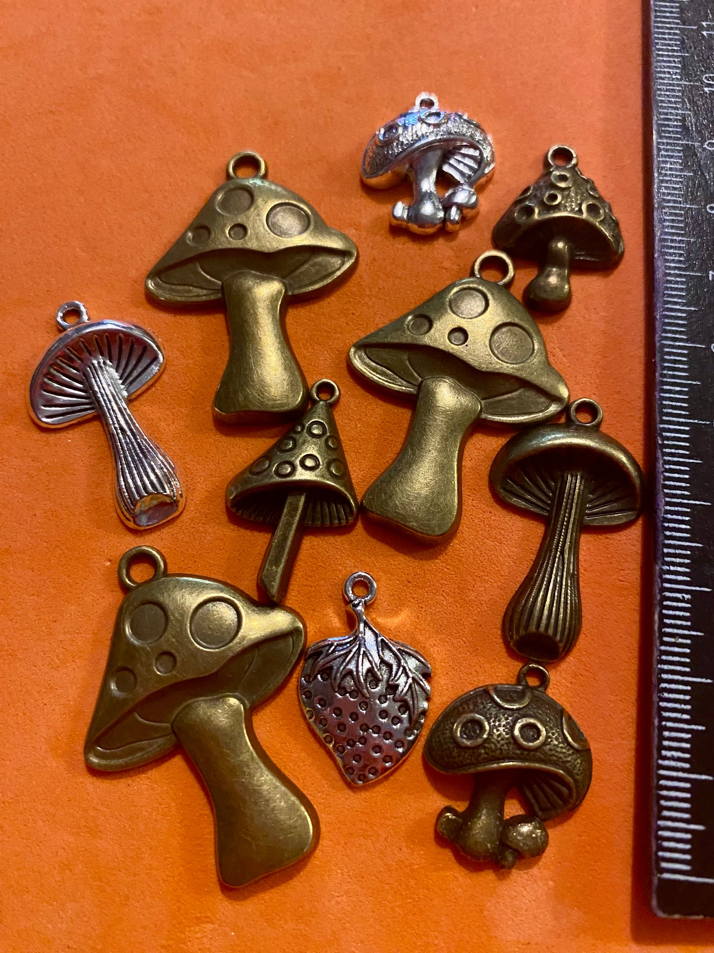 10 Assorted Metal Mushroom and Strawberry Charms suitable for Jewellery and Crafting