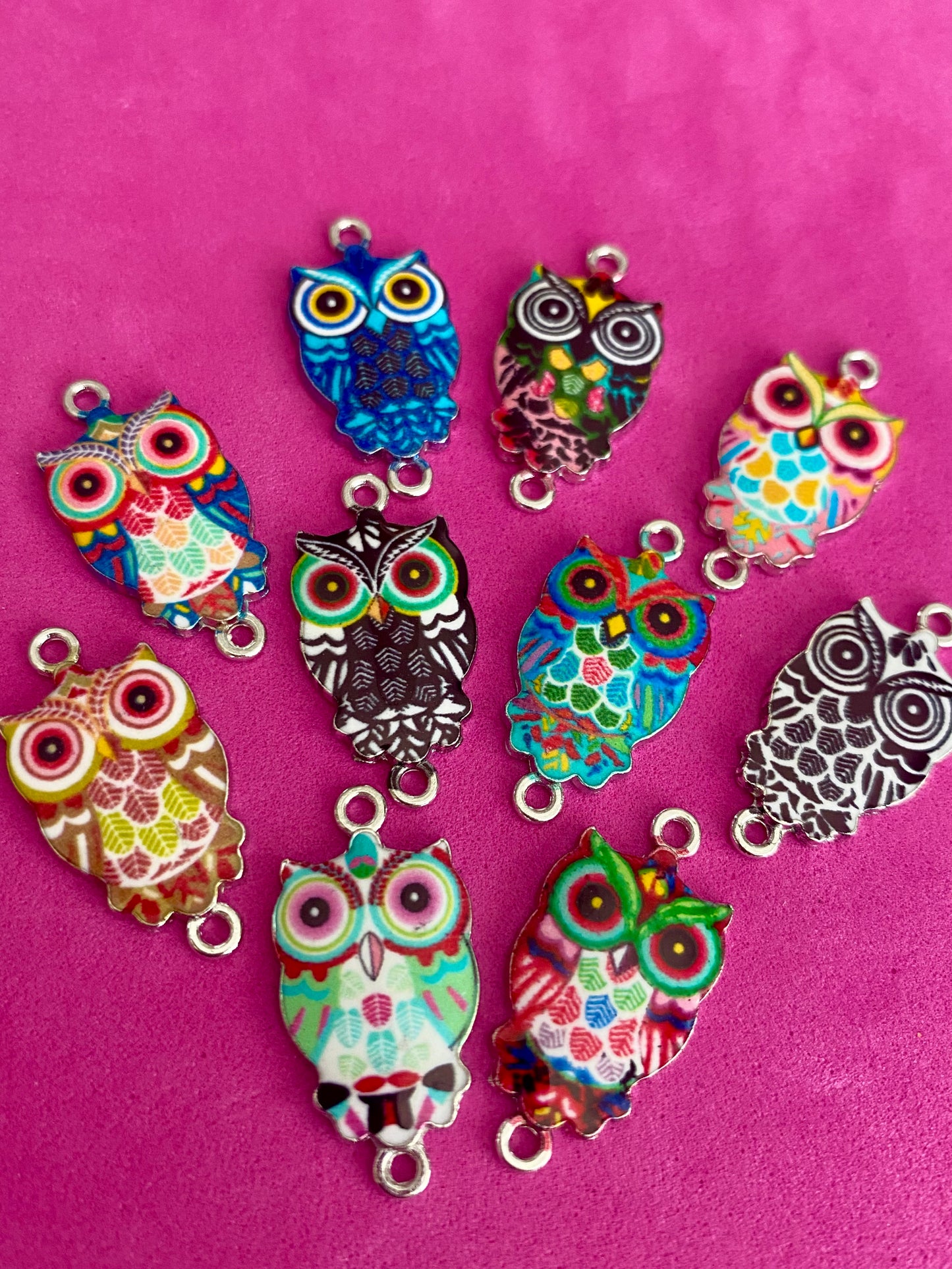 10 x Assorted Patterns and Colours Owl Charms Double Bale Ends