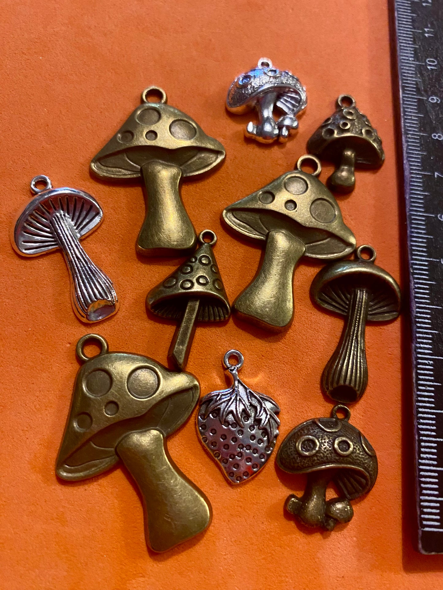 10 Assorted Metal Mushroom and Strawberry Charms suitable for Jewellery and Crafting