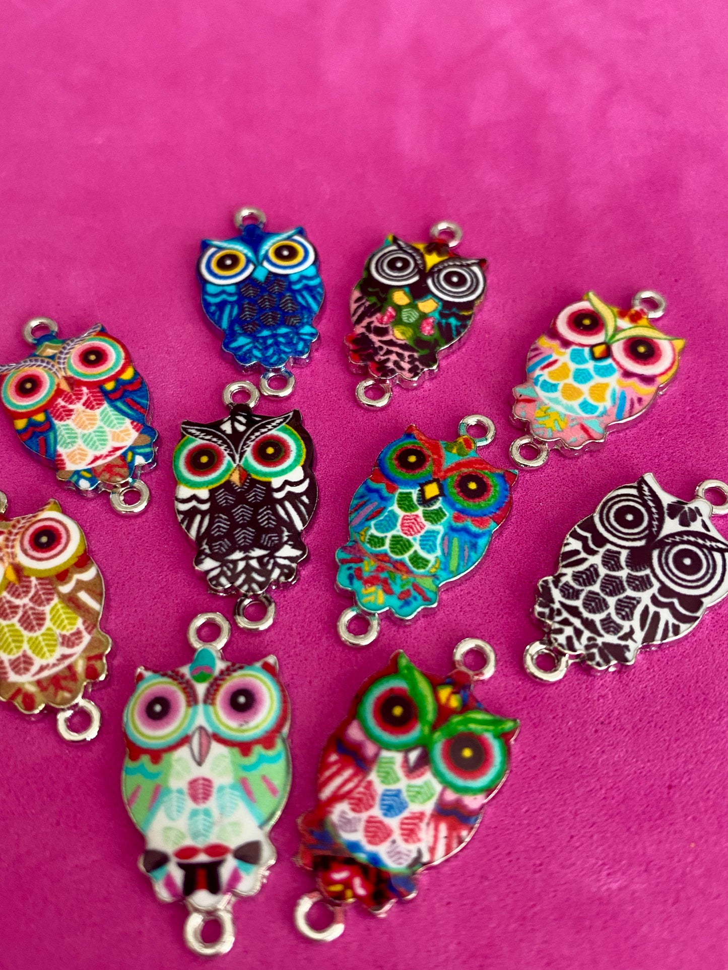 10 x Assorted Patterns and Colours Owl Charms Double Bale Ends