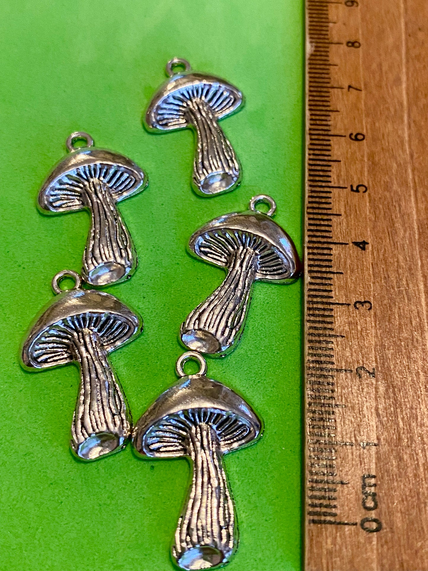 5 x Silver Coloured Metal Mushroom Charms 28mm