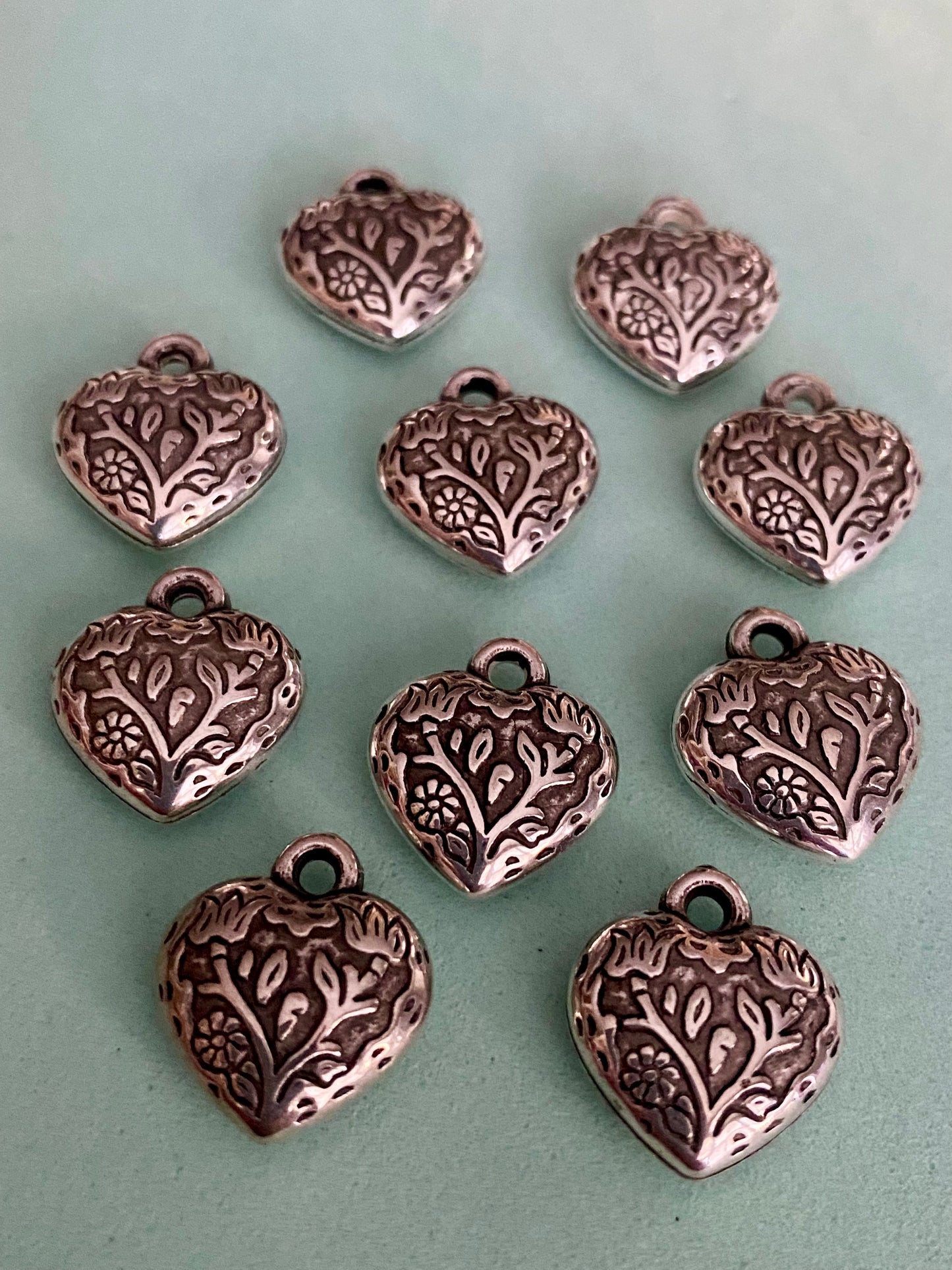 10 x Patterned Silver Coloured Metal Heart Pendants