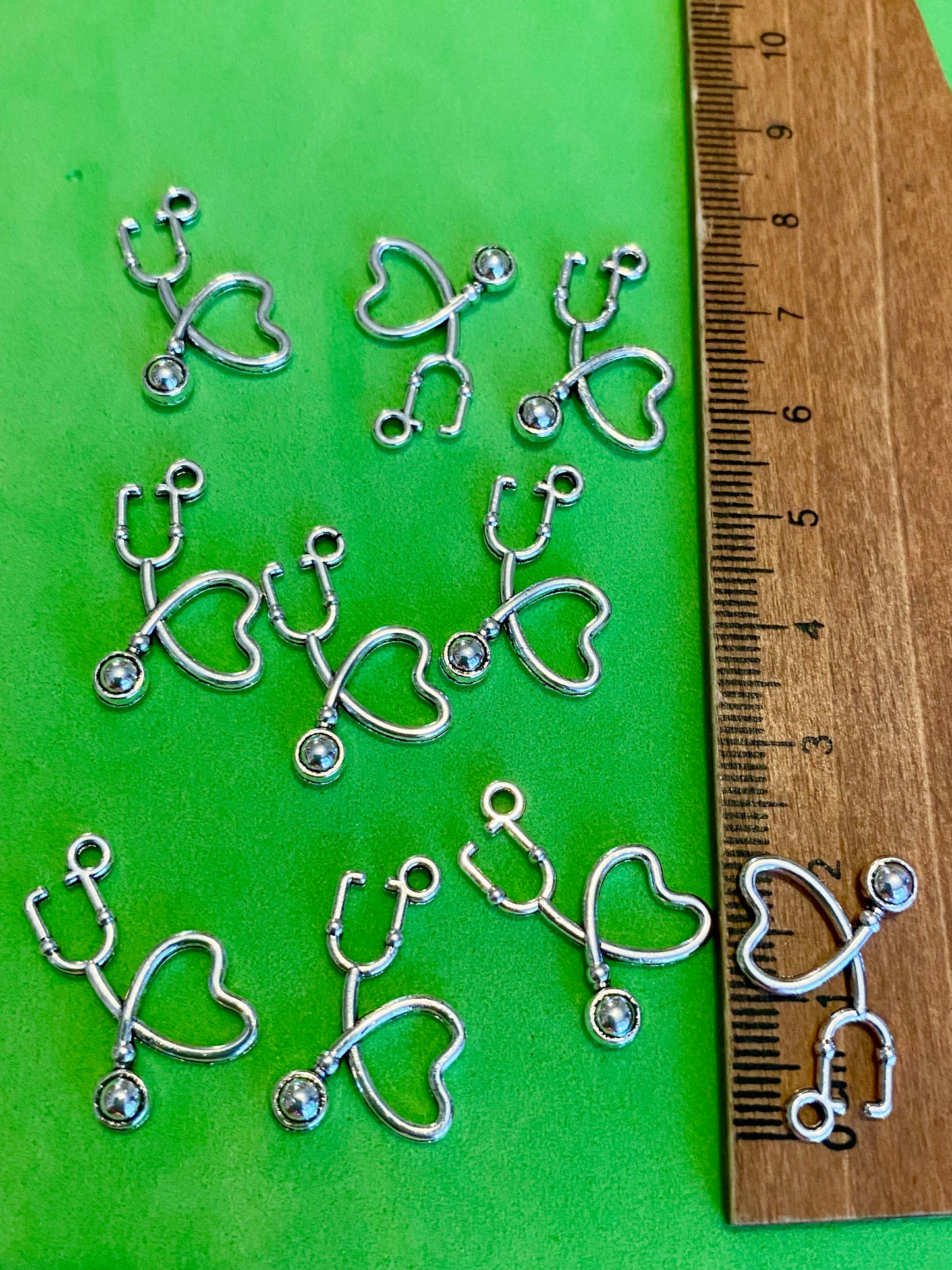 10 x Silver Coloured Metal Stethoscopes and Heart Charms