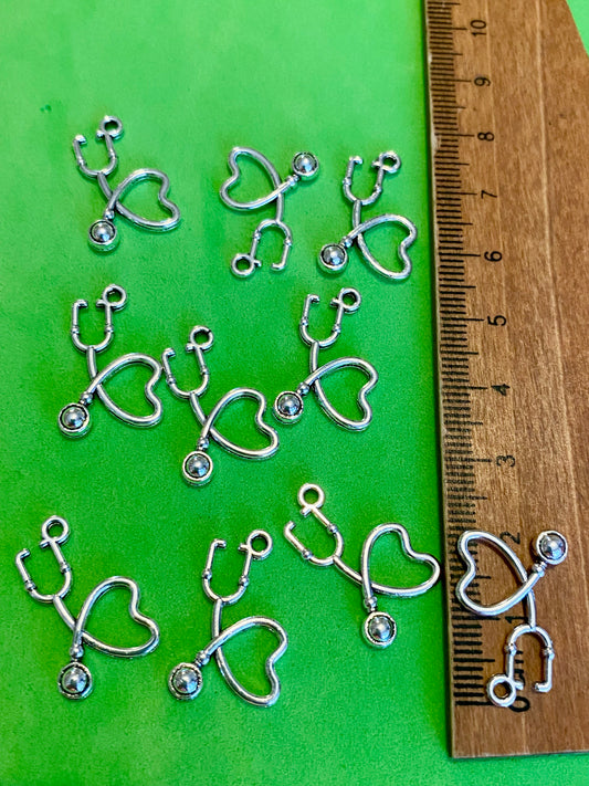 10 x Silver Coloured Metal Stethoscopes and Heart Charms