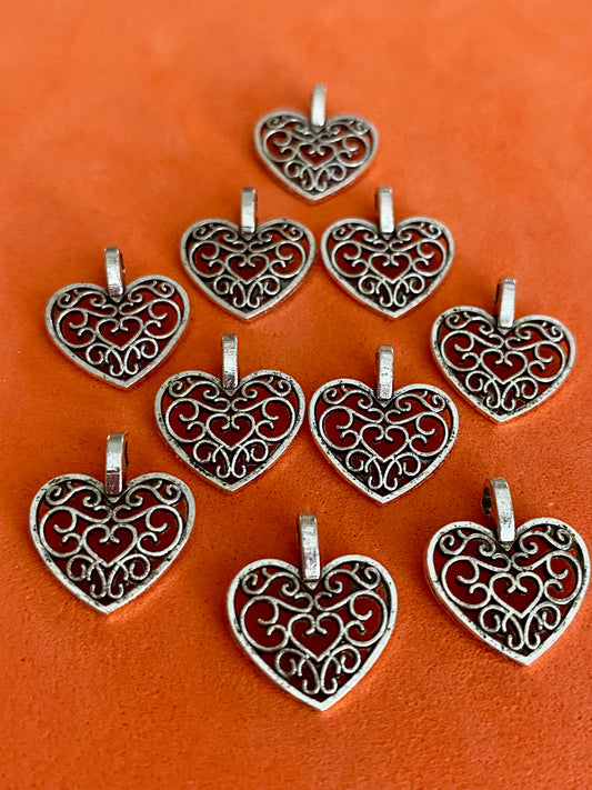 10 Silver Coloured Filigree Heart Pendants/Charms 15mm