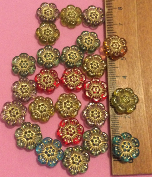 25 Rose /Flower Shaped Beads Green Gold Red