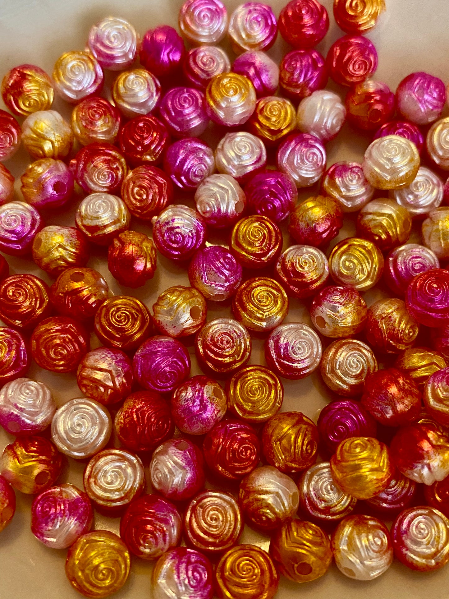 50 x Rose Bud Beads Pink/Gold 8mm