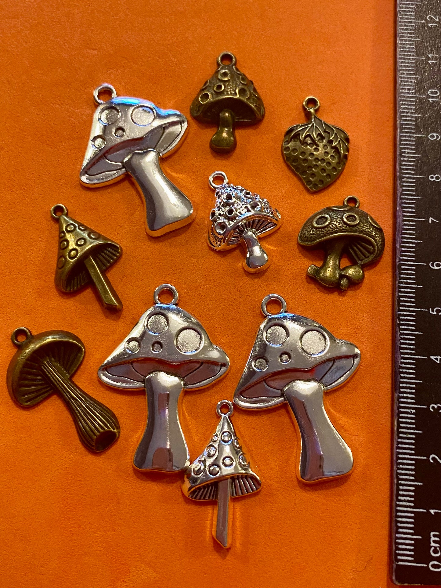 10 Assorted Metal Mushroom and Strawberry Charms suitable for Jewellery and Crafting