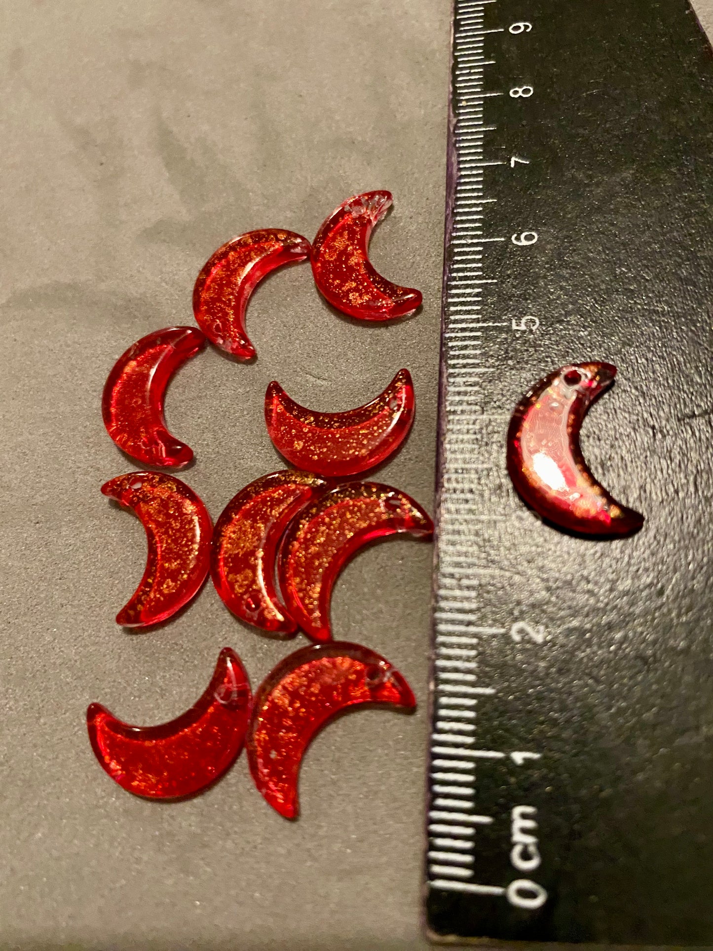 10 x Red and Gold Glass Moon Charms