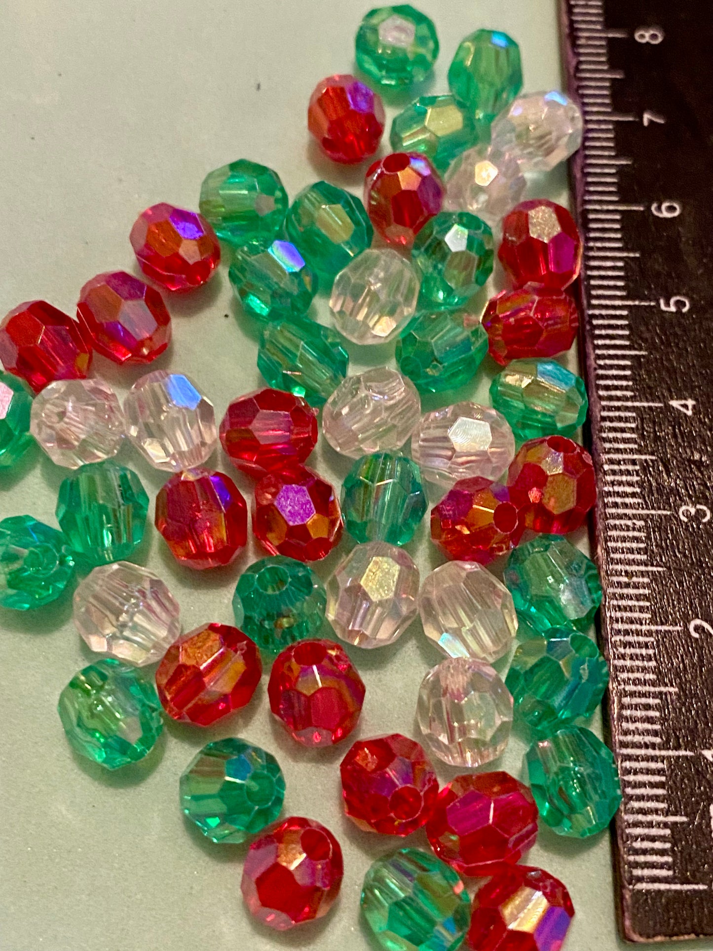 50 x 8mm Red Green and Clear Facetted Beads