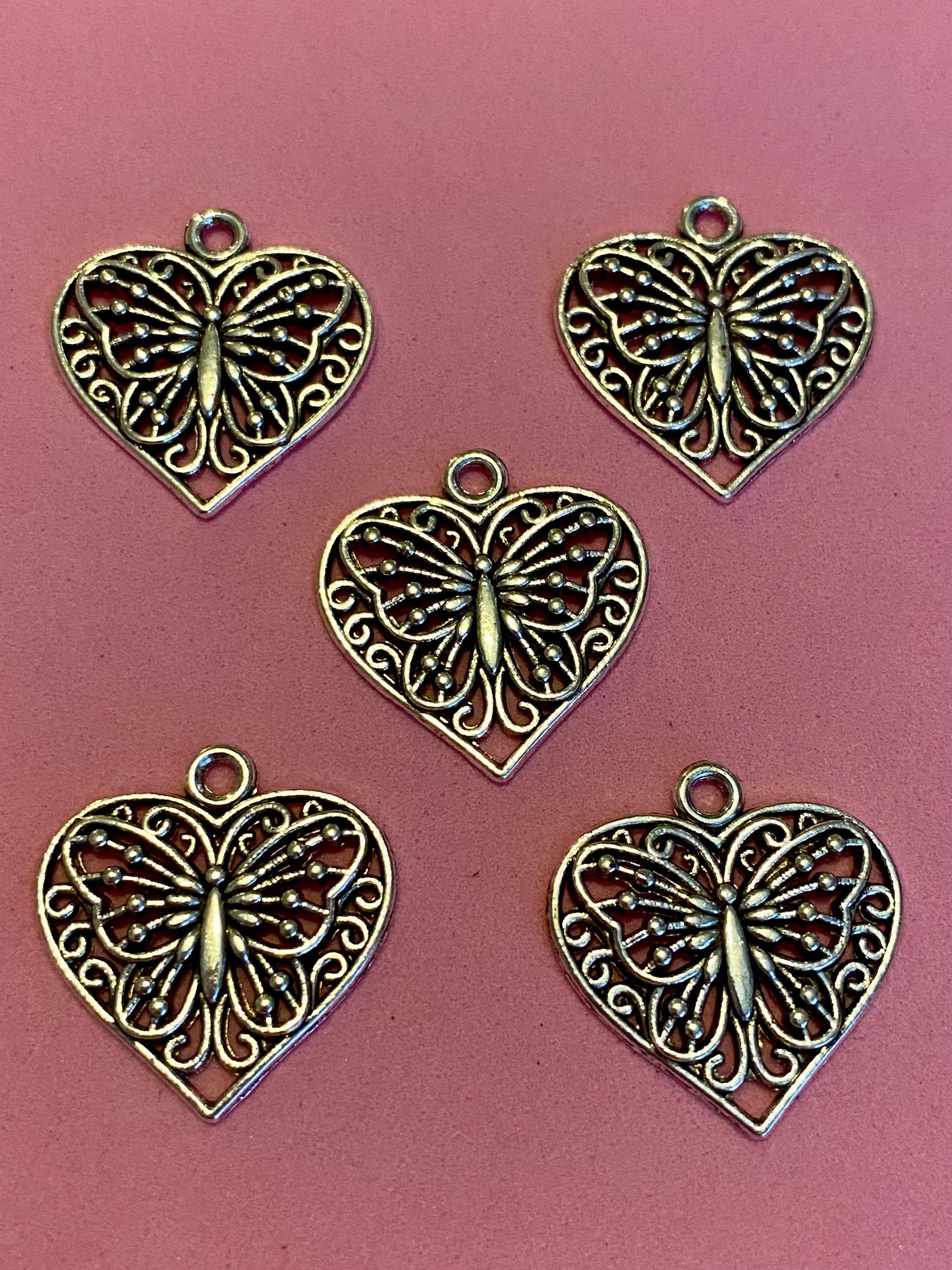 5 x Heart and Butterfly Antique Silver Coloured Charms/Pendants 20mm