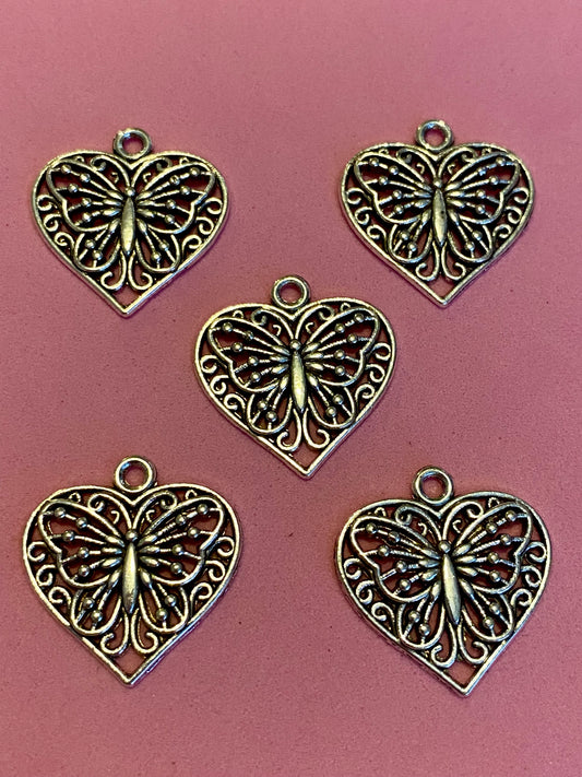 5 x Heart and Butterfly Antique Silver Coloured Charms/Pendants 20mm