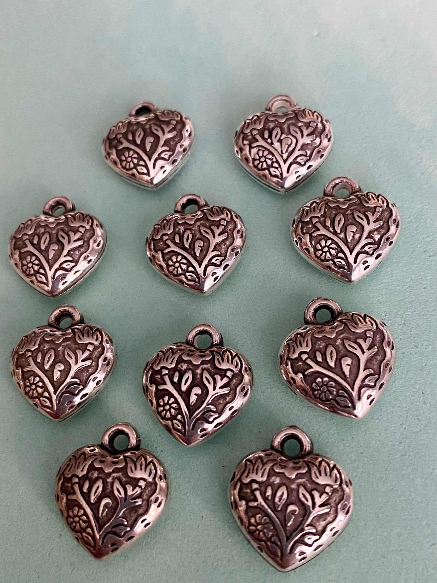 10 x Patterned Silver Coloured Metal Heart Pendants