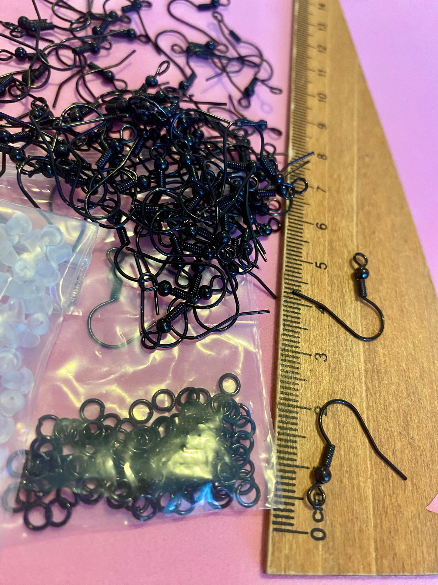 100 Black Coil and Ball Earing Hooks With Rubber Backs and Split Rings