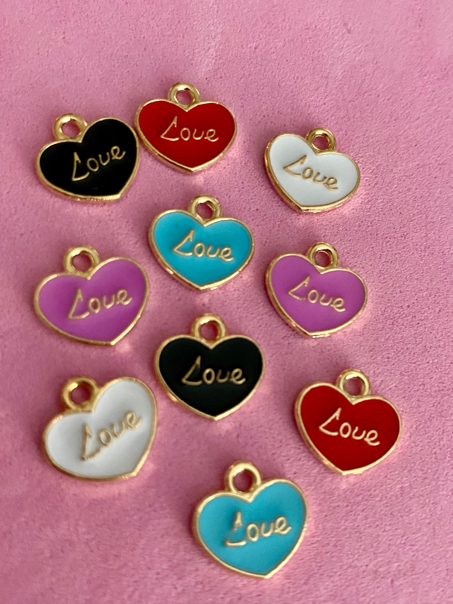 10 Assorted Coloured Heart Charms 12mm by 12mm