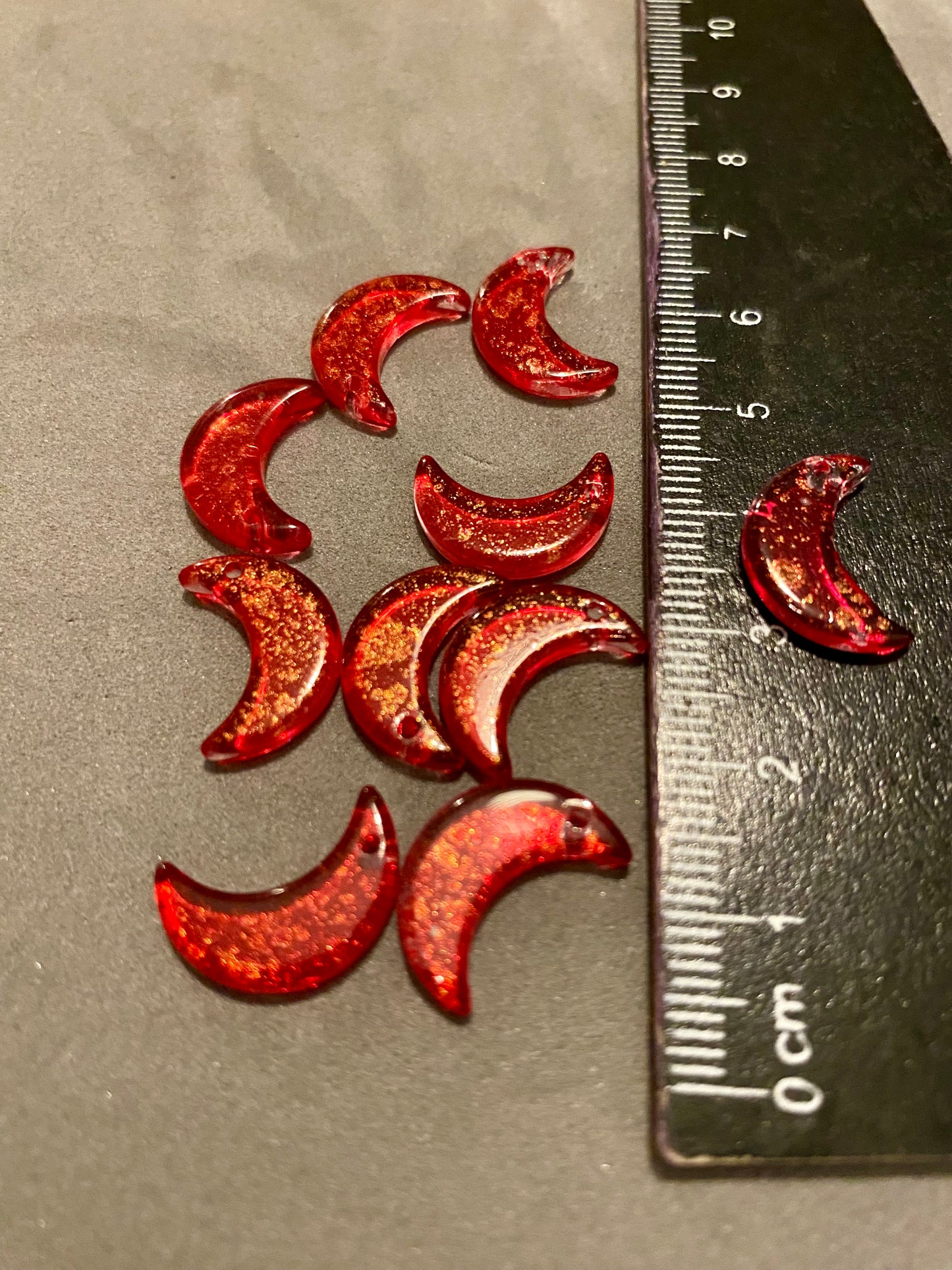 10 x Red and Gold Glass Moon Charms