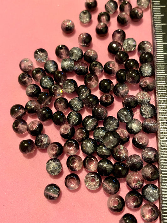 100 Glass Black and Clear Crackle Beads 6mm