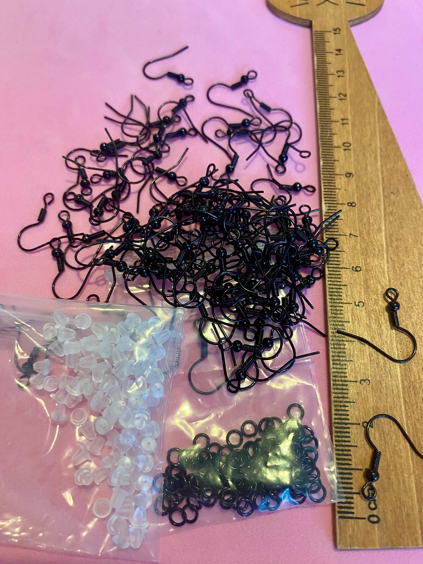 100 Black Coil and Ball Earing Hooks With Rubber Backs and Split Rings