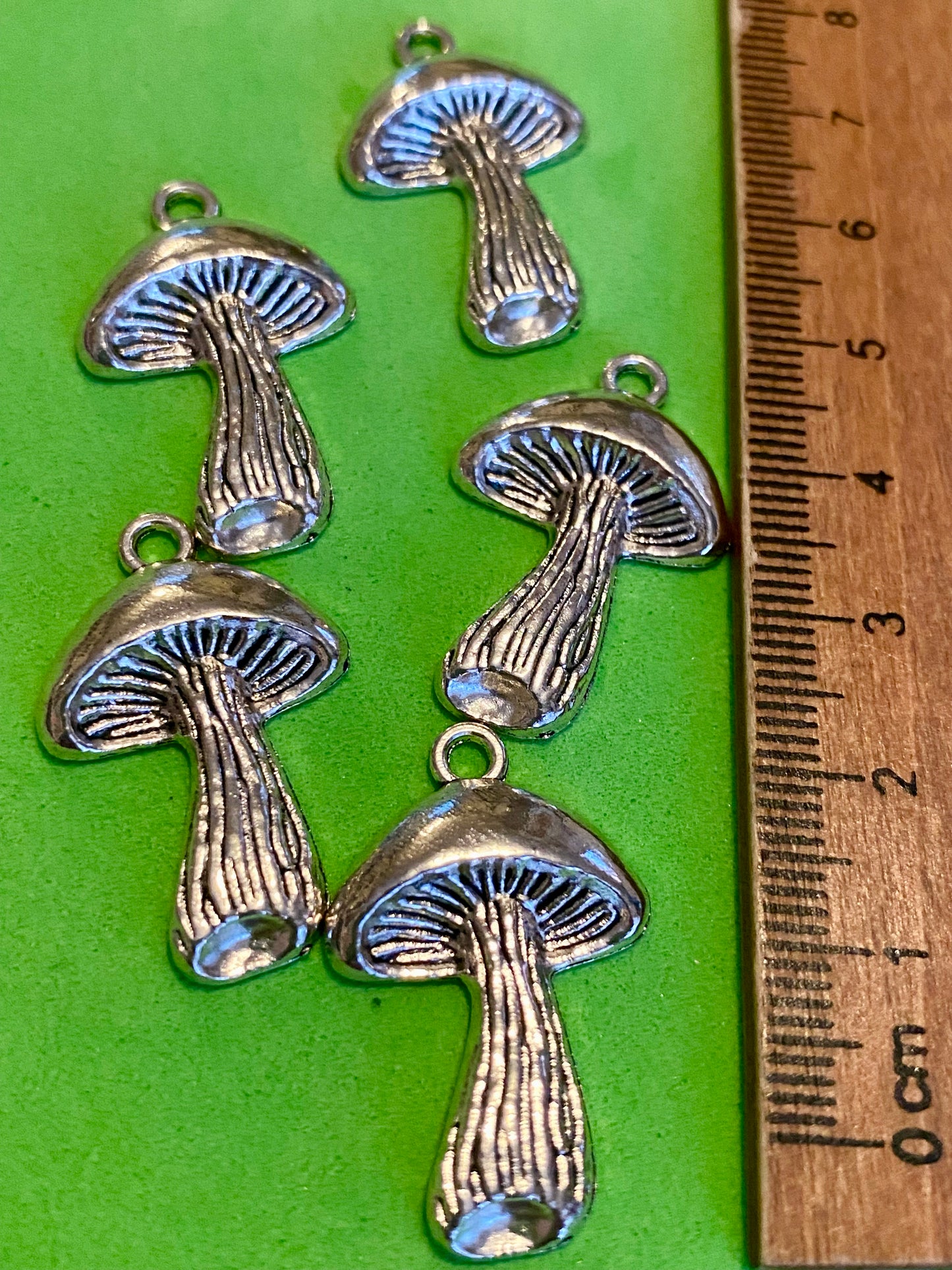 5 x Silver Coloured Metal Mushroom Charms 28mm