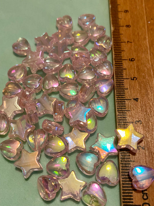 50 x Pink Iridescent Heart and Star Beads