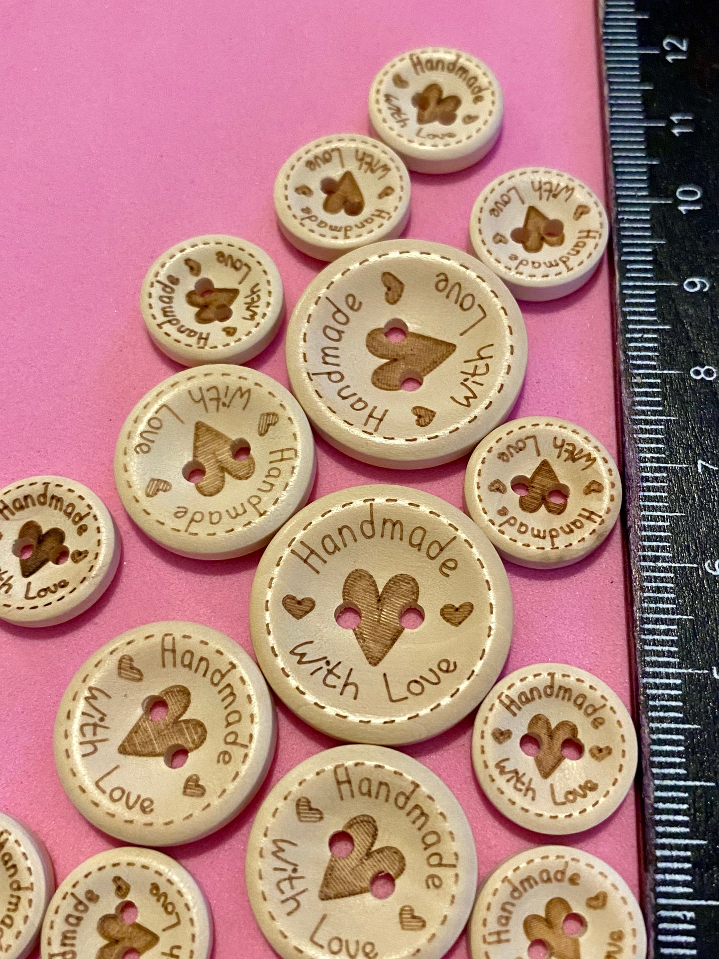 16 x Assorted Sized Wooden Buttons Handmade With Love for Crafters