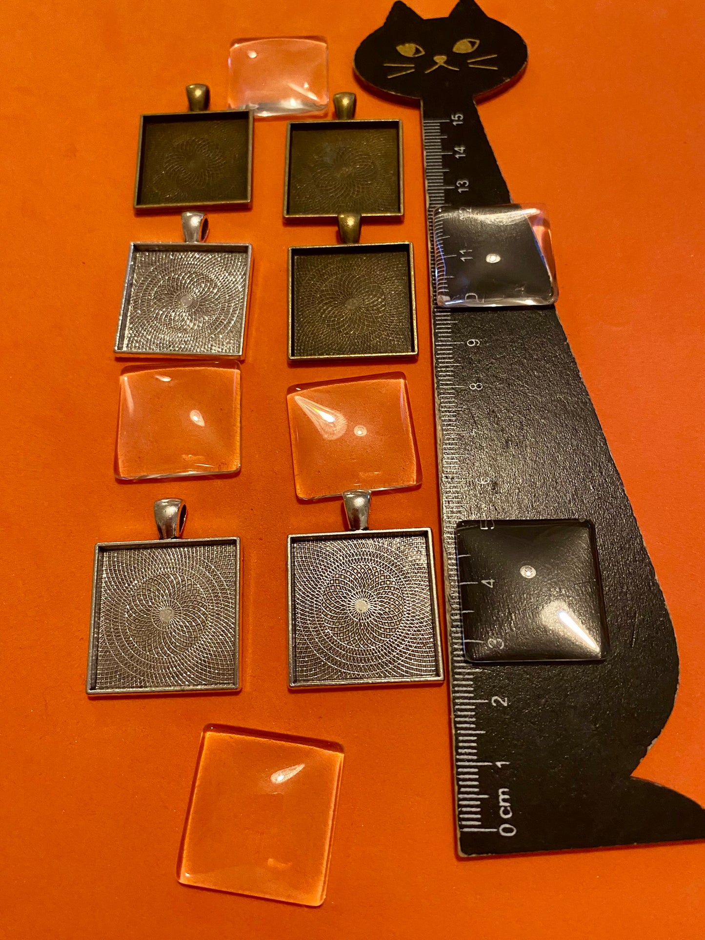 Six Square Silver and Bronze Pendants with Glass Doomed Cabachons