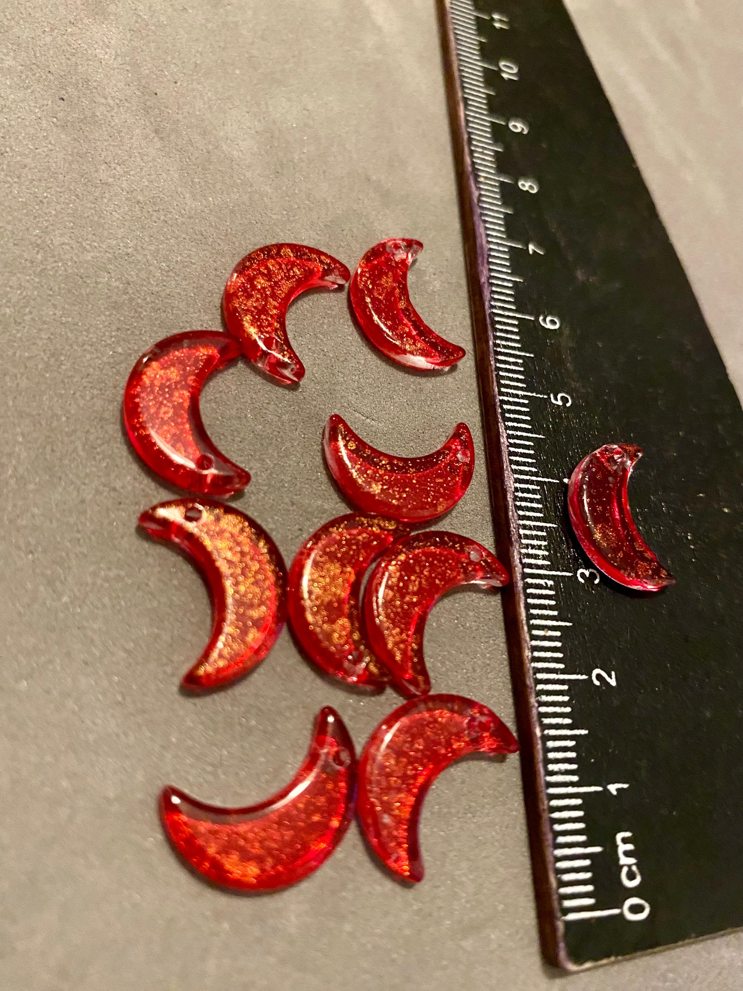 10 x Red and Gold Glass Moon Charms