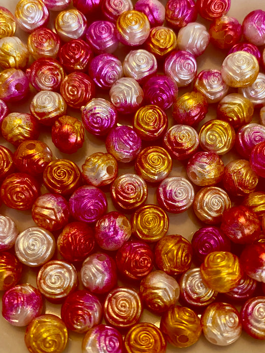 50 x Rose Bud Beads Pink/Gold 8mm