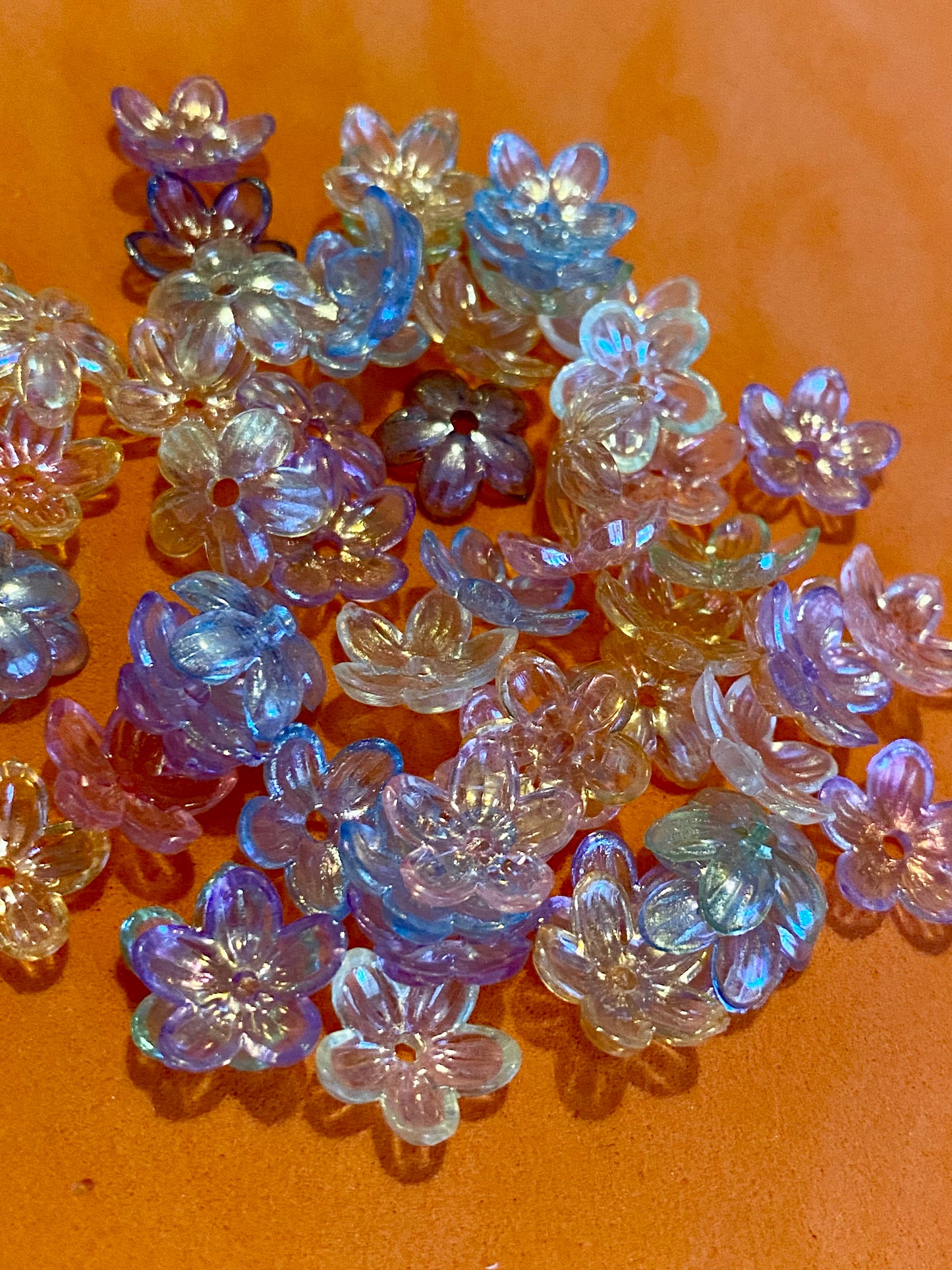 50 Iridescent Multicoloured Flower Beads 12mm