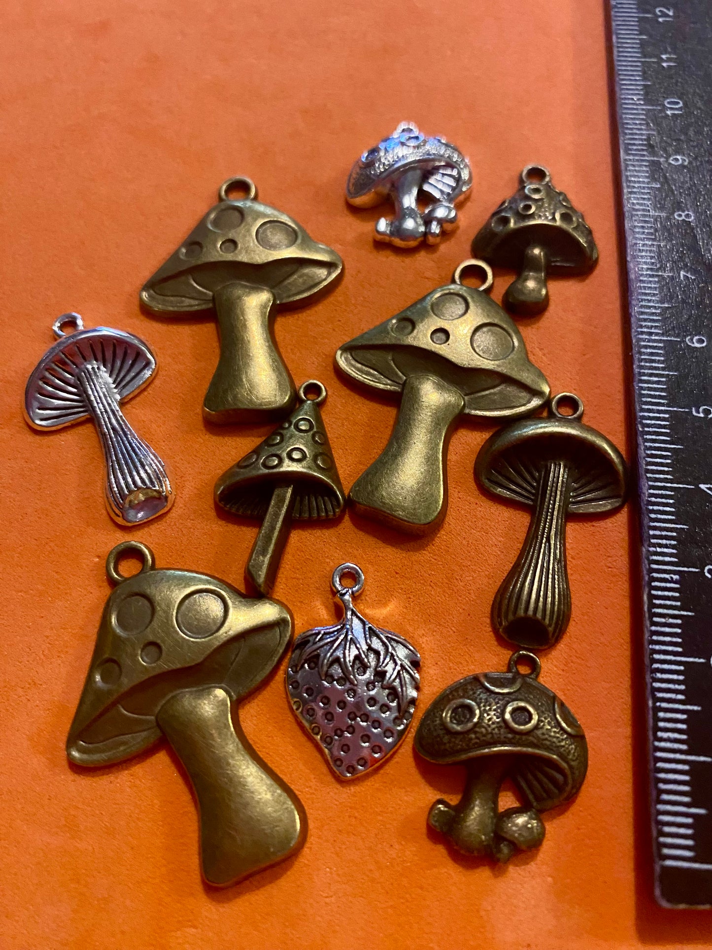 10 Assorted Metal Mushroom and Strawberry Charms suitable for Jewellery and Crafting