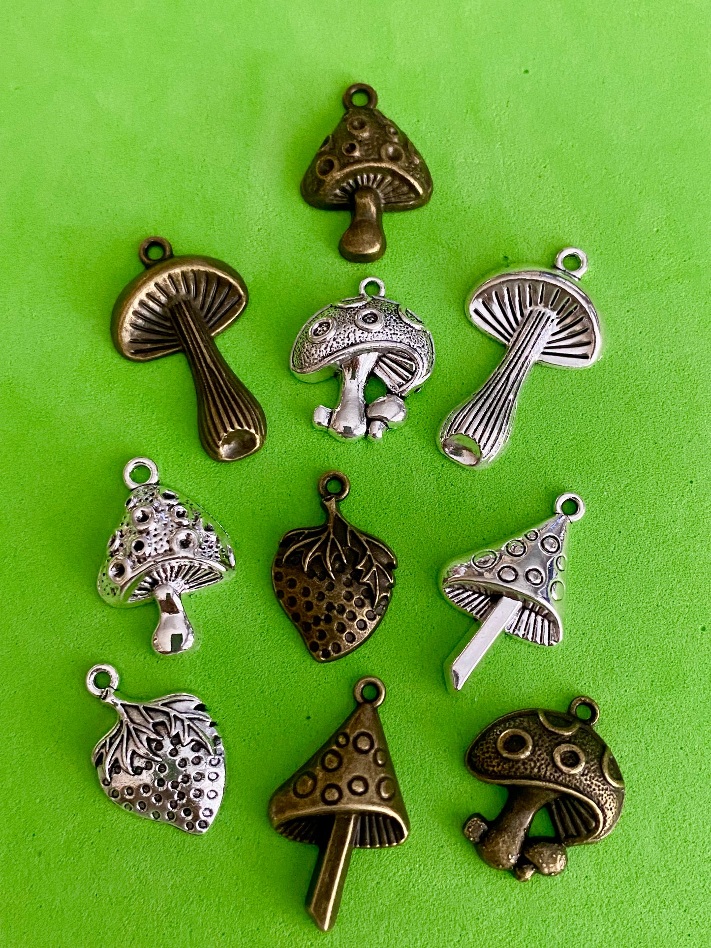 10 Assorted Metal Mushroom and Strawberry Charms suitable for Jewellery and Crafting