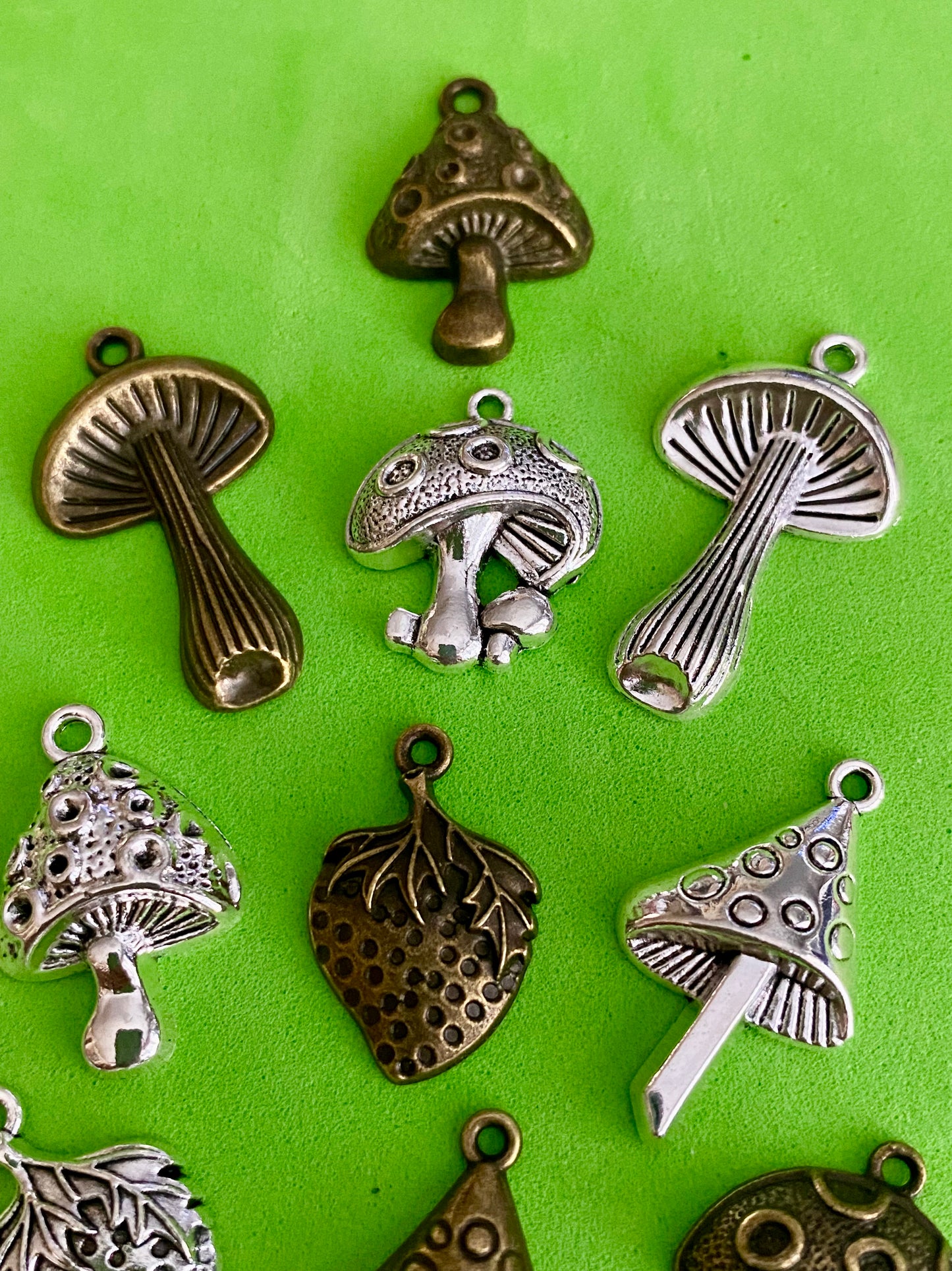 10 Assorted Metal Mushroom and Strawberry Charms suitable for Jewellery and Crafting