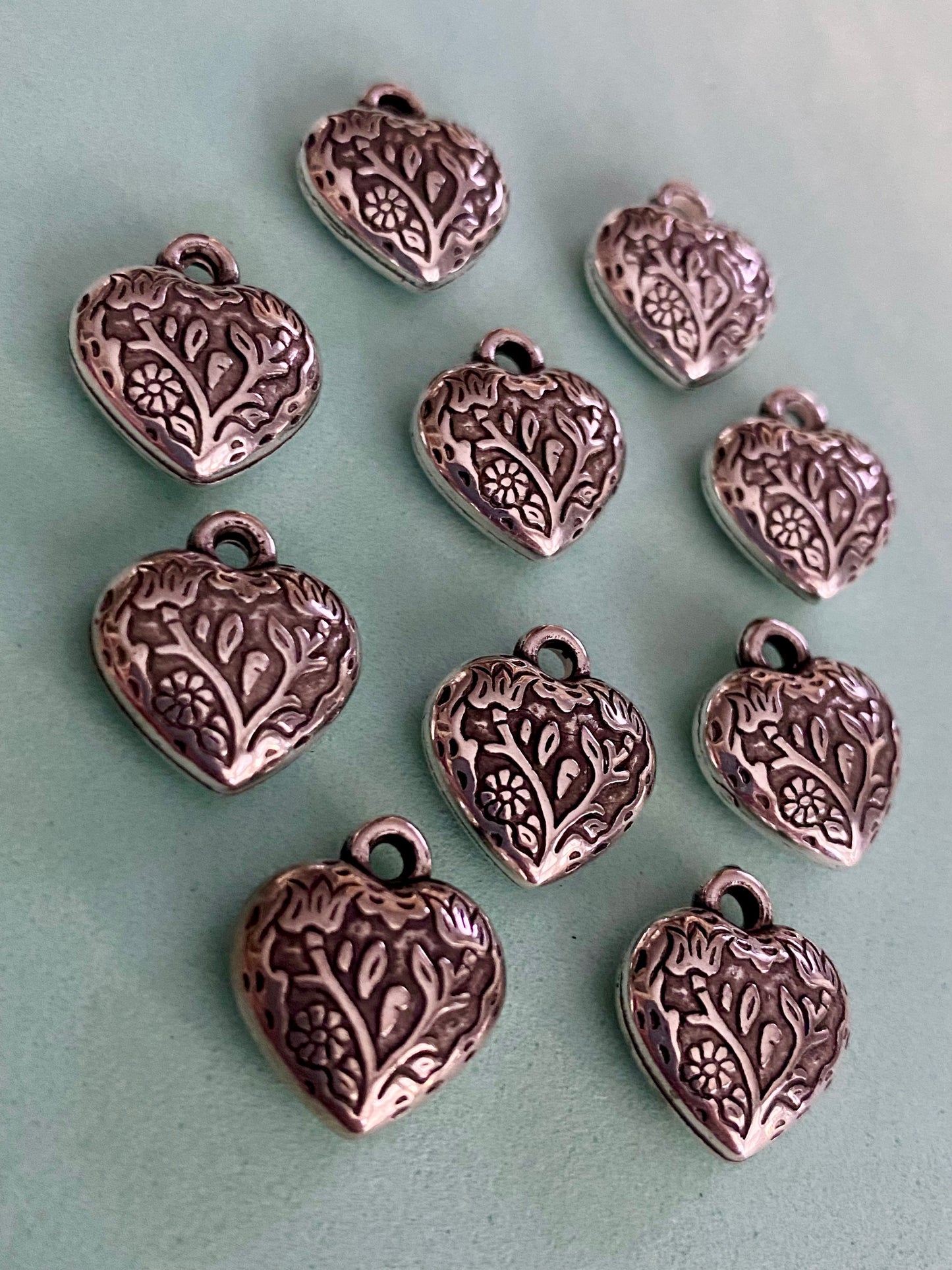 10 x Patterned Silver Coloured Metal Heart Pendants