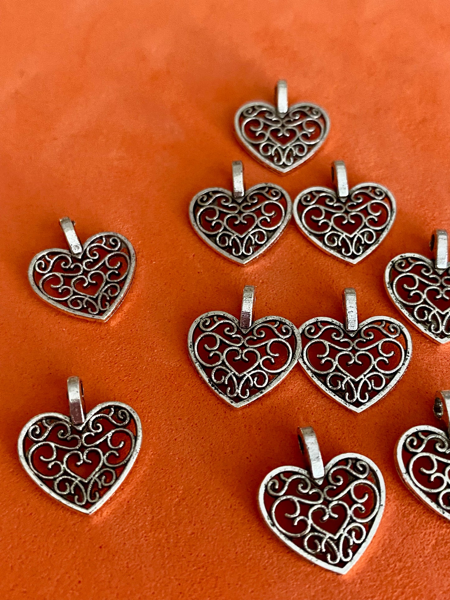 10 Silver Coloured Filigree Heart Pendants/Charms 15mm