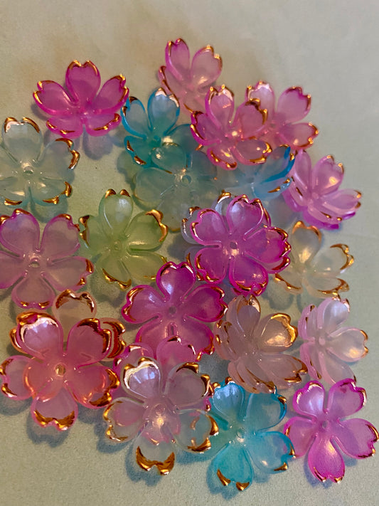 25 Multicoloured Gold Coloured Edged Flower Beads 20mm