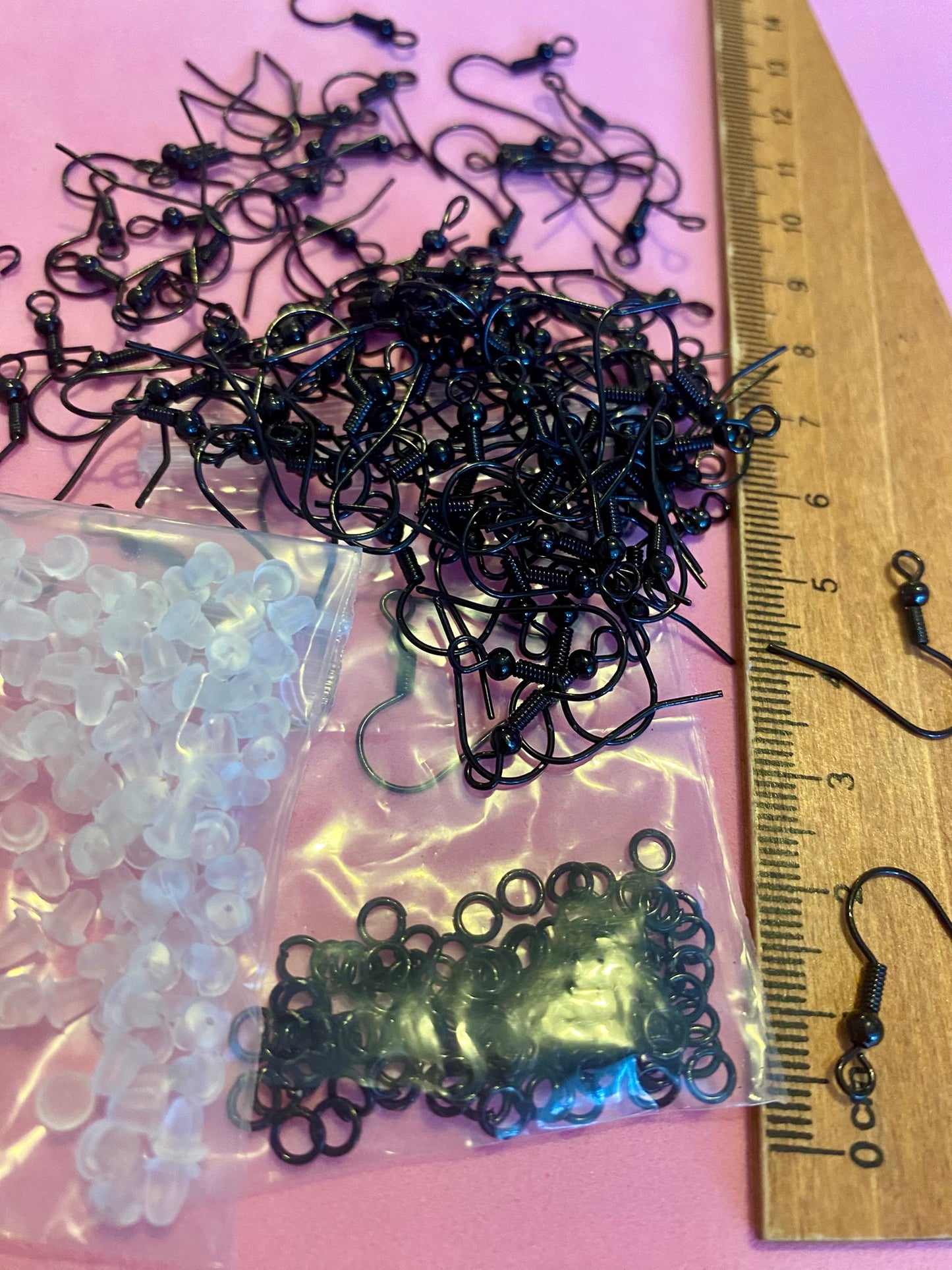 100 Black Coil and Ball Earing Hooks With Rubber Backs and Split Rings