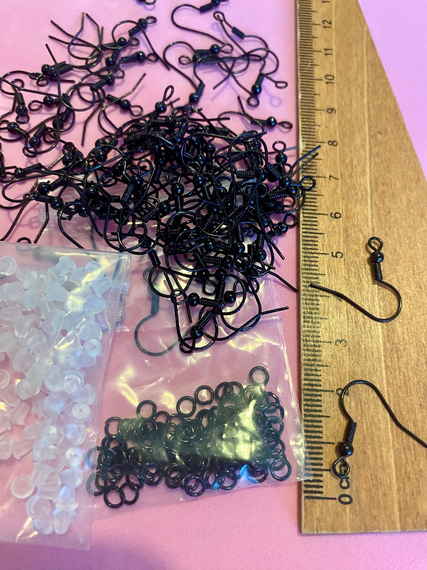 100 Black Coil and Ball Earing Hooks With Rubber Backs and Split Rings