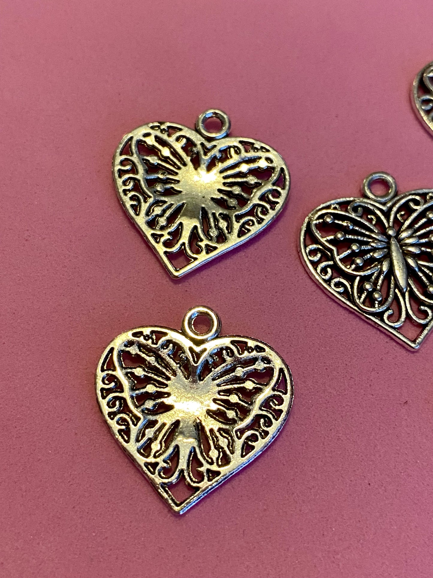 5 x Heart and Butterfly Antique Silver Coloured Charms/Pendants 20mm