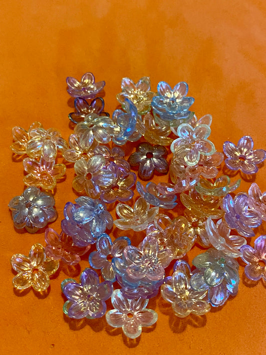 50 Iridescent Multicoloured Flower Beads 12mm